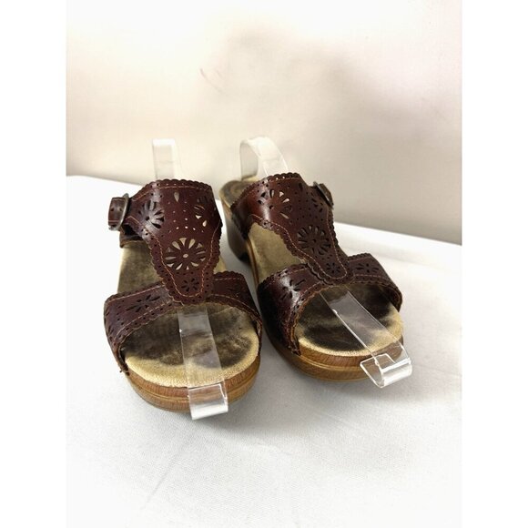 Dansko Sapphire Brown Leather Laser Cut Wedge 8.5 Sandals Comfort Boho Artisanal - Picture 2 of 16